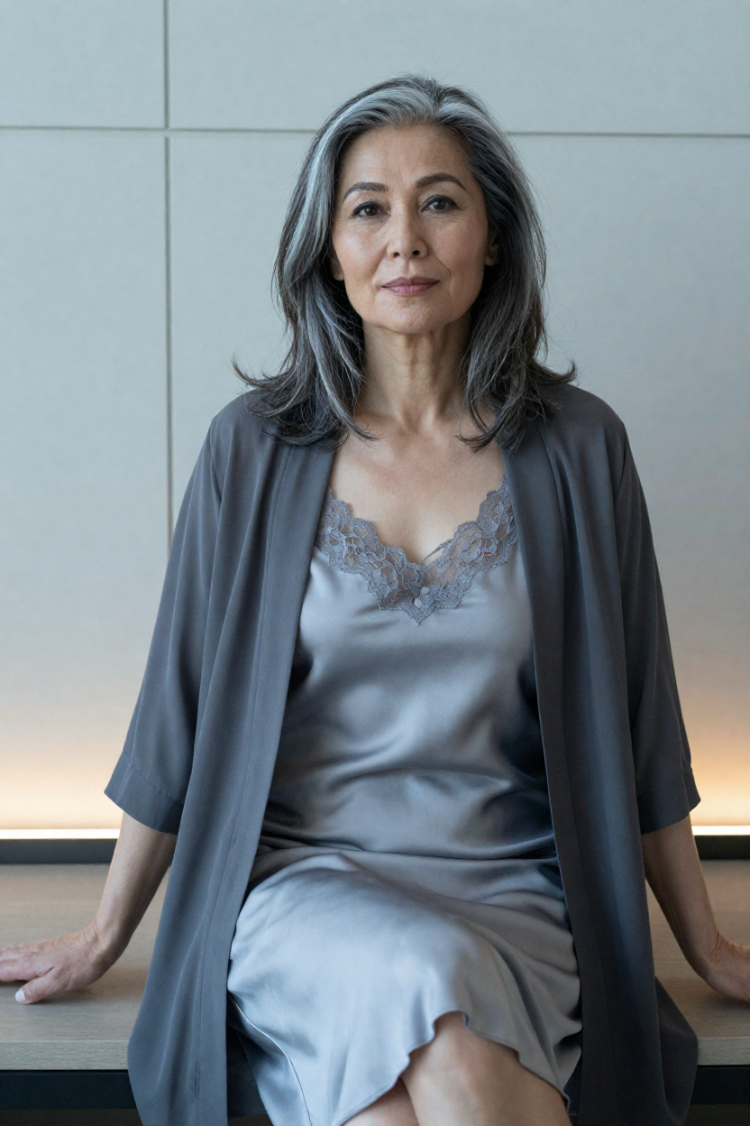 Boudoir portrait of a fictional 47-year-old woman with black hair heavily streaked with silver, worn loose