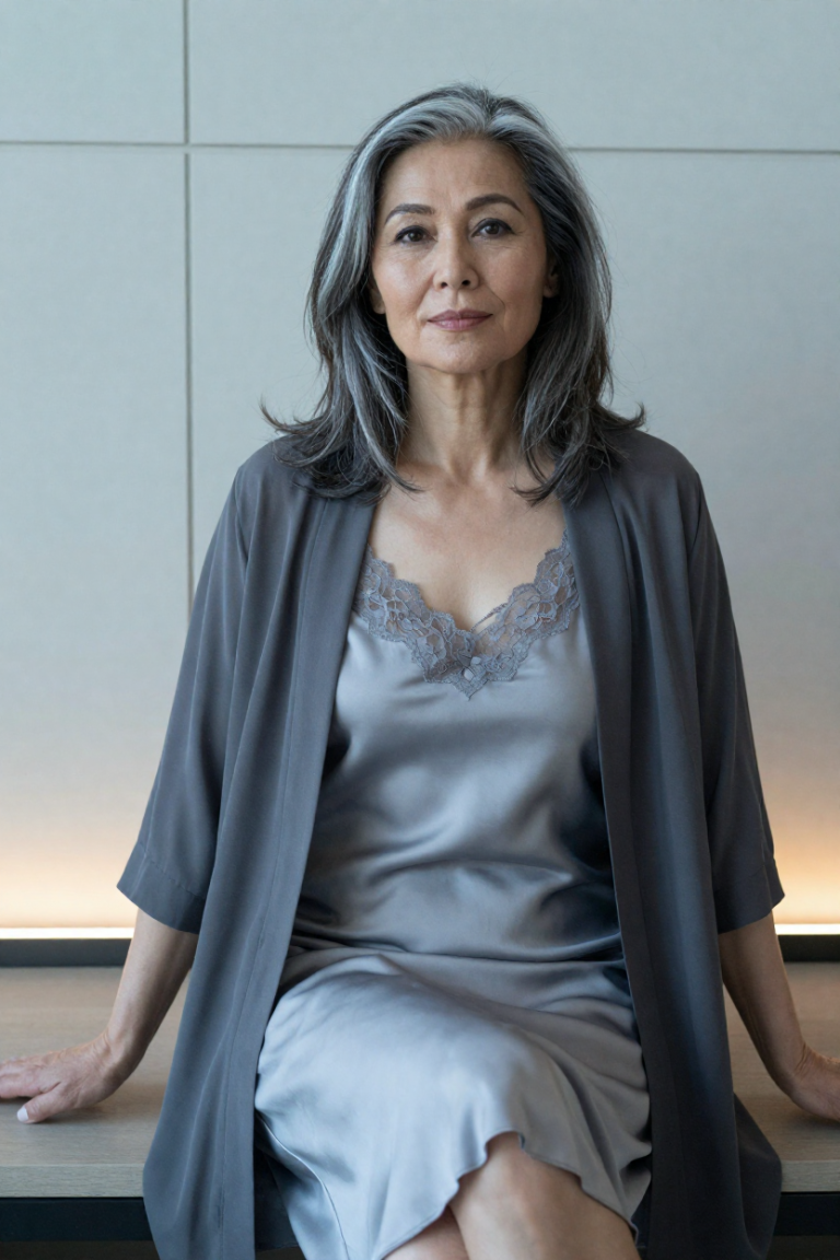 FuliJayaSteel muse in an ice-grey silk slip dress with a sheer graphite robe before a plate panel wall